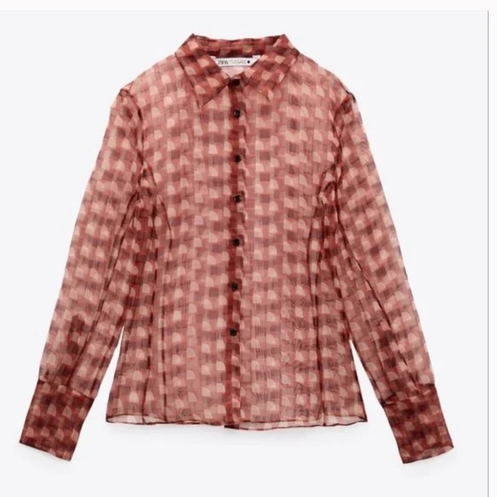 NWT SEMI-SHEER PRINTED ORGANZA BLOUSE MINK
